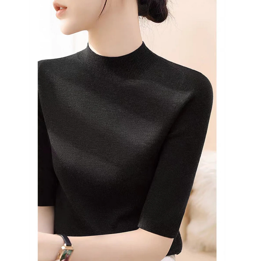 半高领针织短袖T恤女2025秋季新款修身显瘦五分袖内搭打底衫上衣