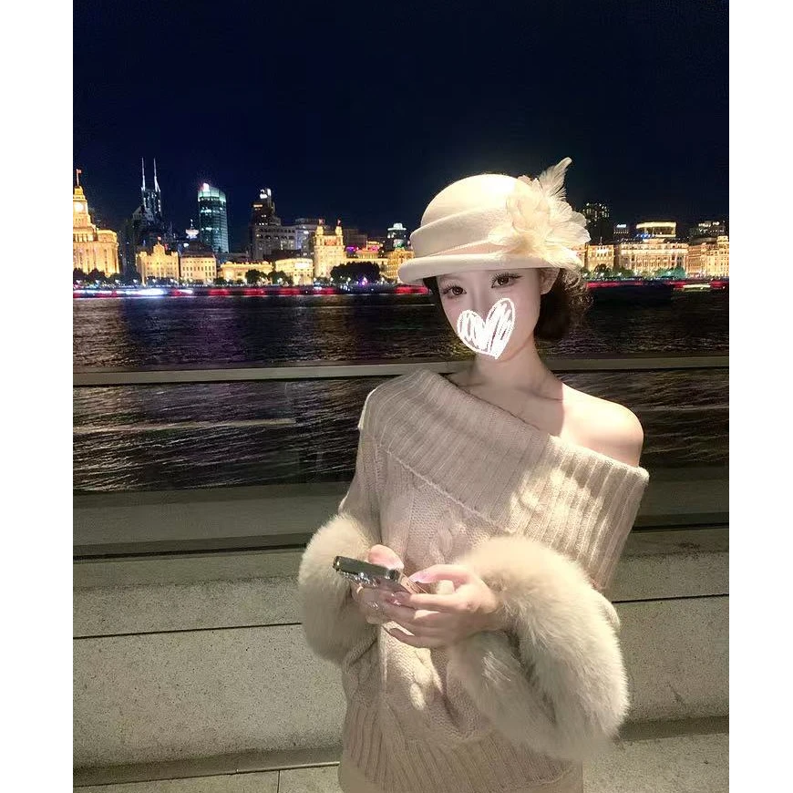 【京洛佳人】袖口狐狸毛高领羊毛混纺麻花针织上衣毛衣女