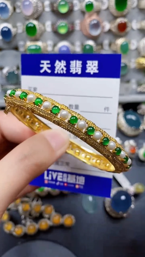 翡翠手镯银S925镶嵌67