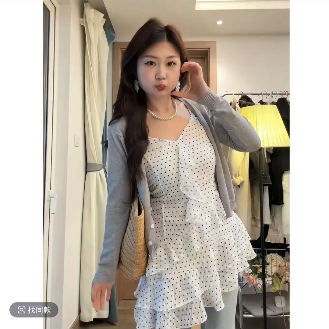 大码胖妹妹波点荷叶边吊带连衣裙女夏季新款韩版度假风开衫两件套
