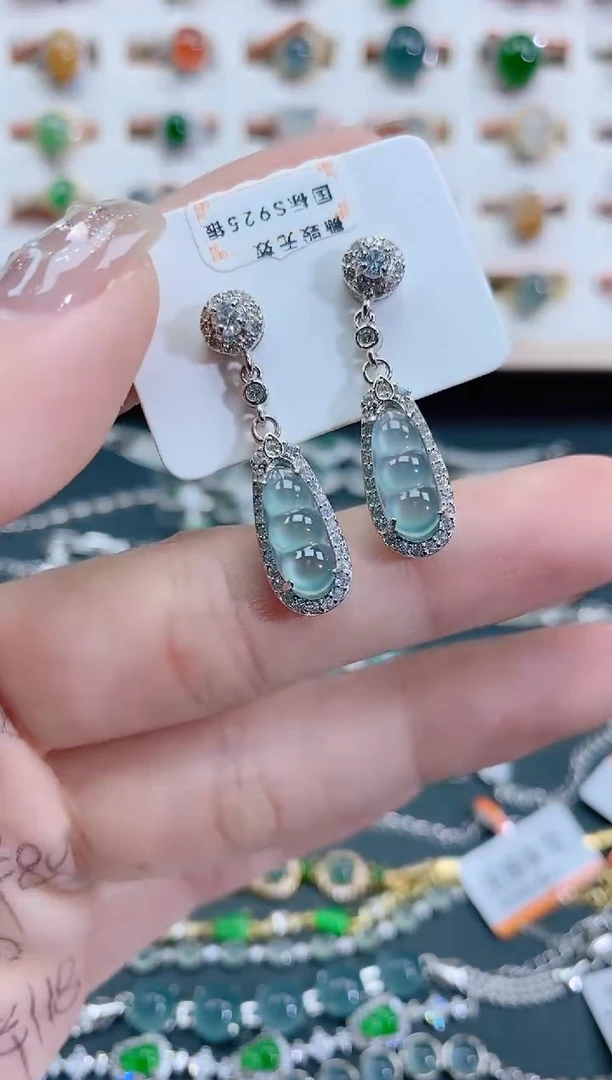 银S925镶嵌翡翠耳饰天然翡翠