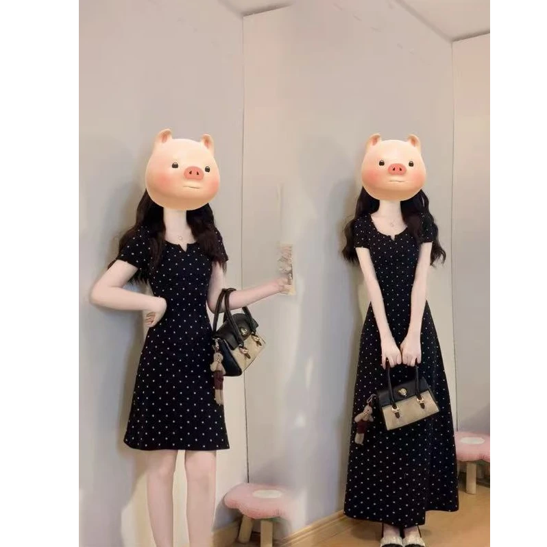 2025夏装大码微胖黑色波点连衣裙女韩系收腰显瘦V领短袖裙子1618