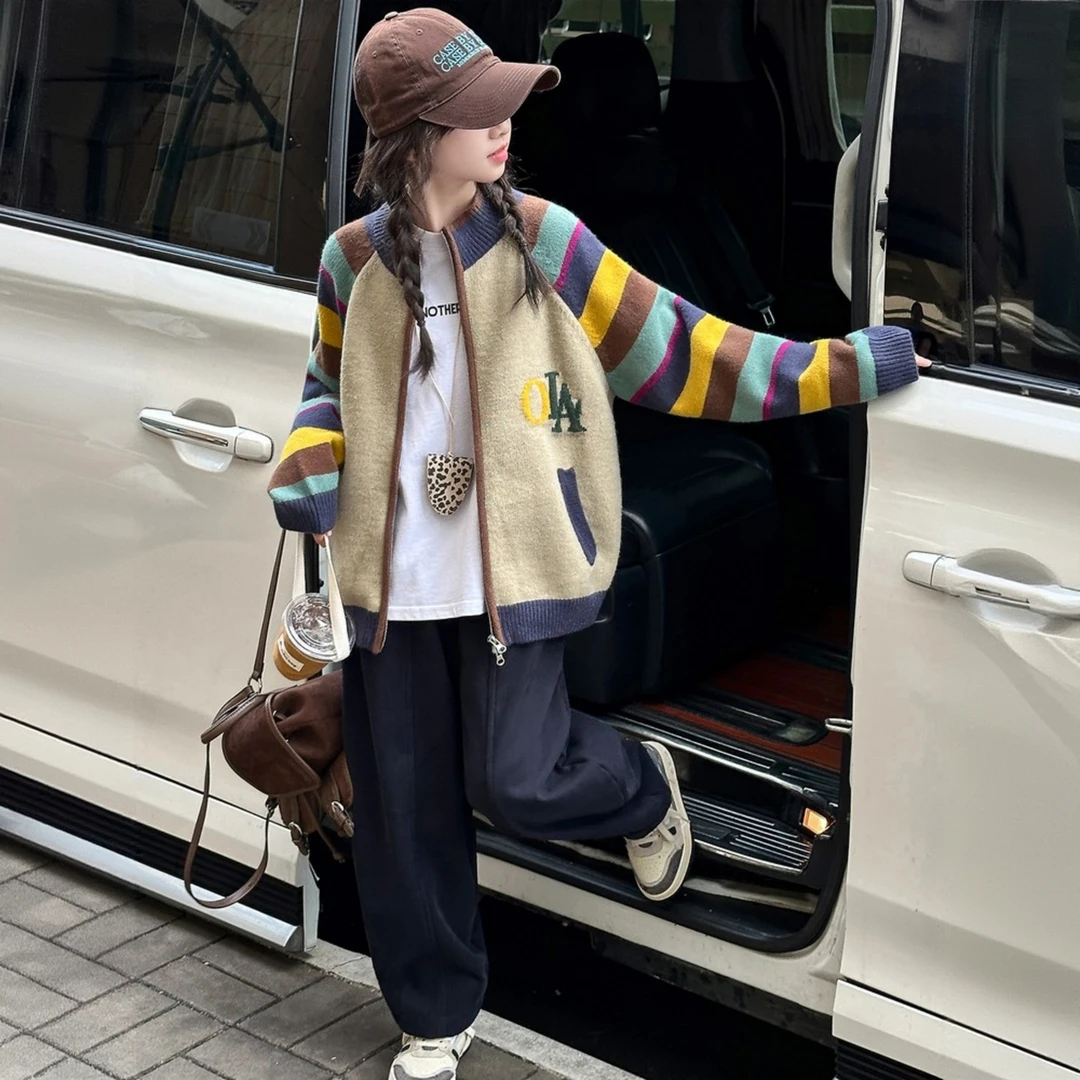 女童加绒加厚套装秋冬装2025新款洋气儿童装开衫毛衣休闲裤两件套