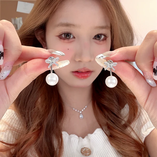 芒果饰品 铜合金锆石耳饰 可两戴蝴蝶结珍珠耳环女气质耳针耳饰
