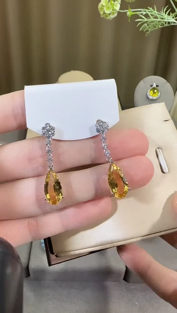 黄晶耳饰银S925镶嵌10*14mm耳坠水滴款