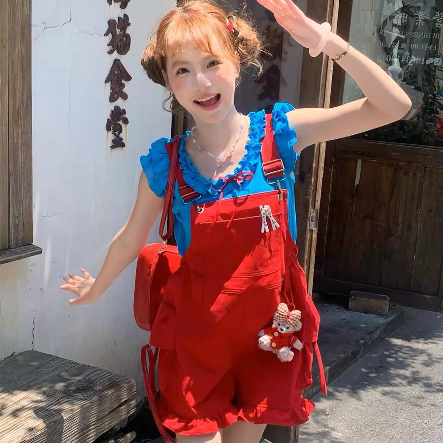 莓郭泡泡 巨好看的夏装一整套蓝色短袖红色背带裤女