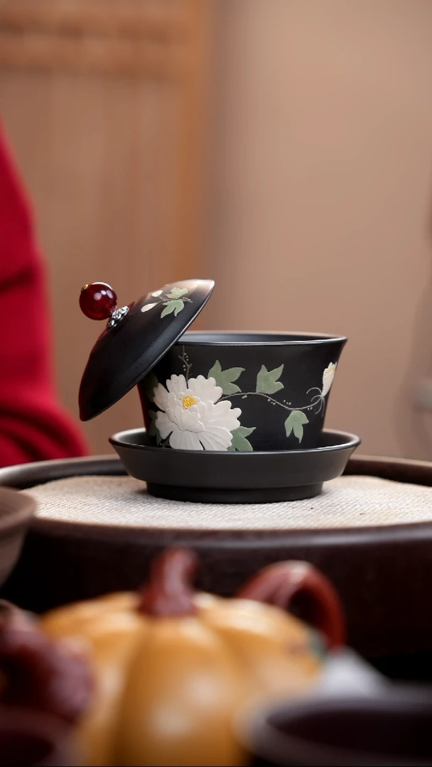 【闪购商品】紫砂茶壶石黄盖碗白牡丹