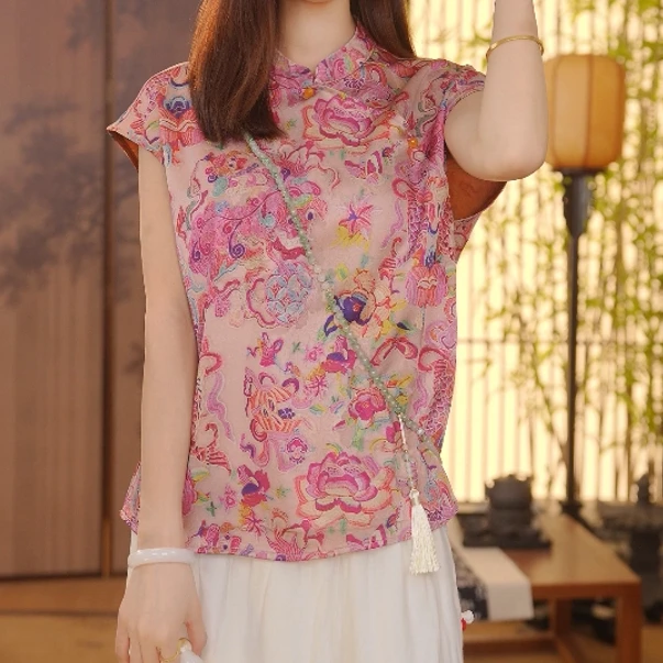 CJ【霓虹】新中式2024夏季气质百搭提花立领短袖T恤FB25052003