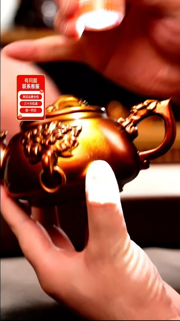 茶壶紫砂金贝烧 螭龙纹双圈 刻绘