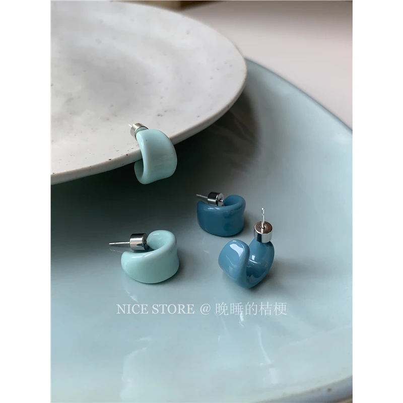 合金耳饰 晚睡的桔梗「晴雨泡泡」日韩奶油风莫兰迪色c形耳圈ins风