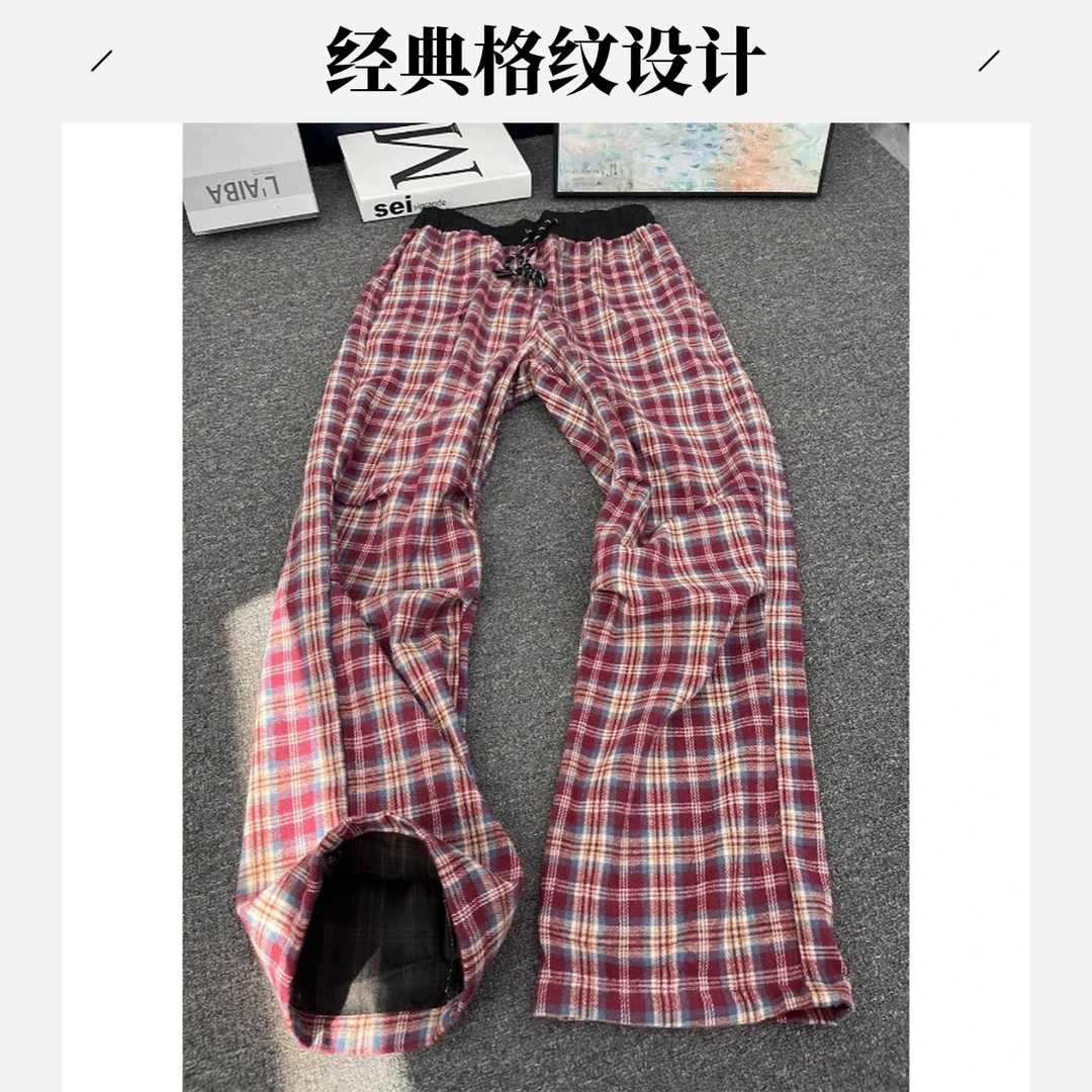 美式复古红色格子裤男cleanfit褶皱撞色夏季裤子微喇薄款直筒长裤