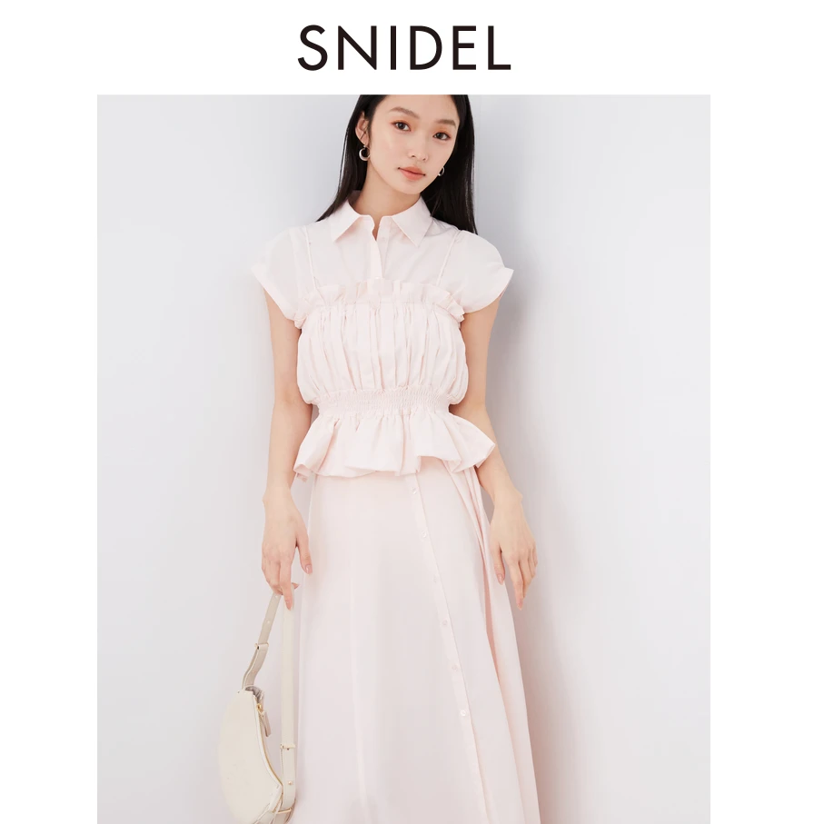SNIDEL新品优雅荷叶边吊带翻领收腰连衣裙套装SWFO242059