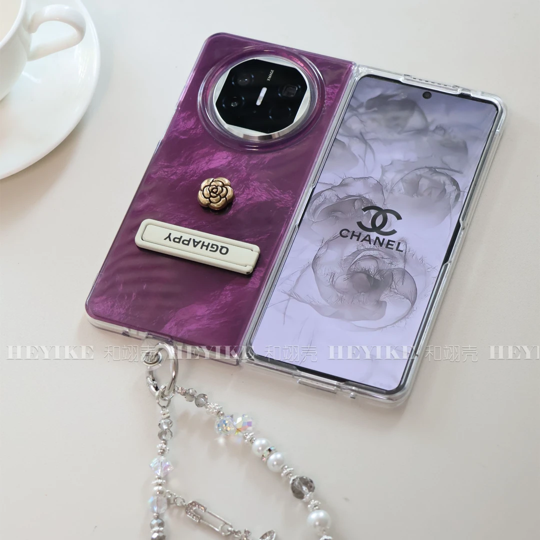 高级感紫色晕染山茶花适用华为mateX6手机壳折叠创意X5简约支架女