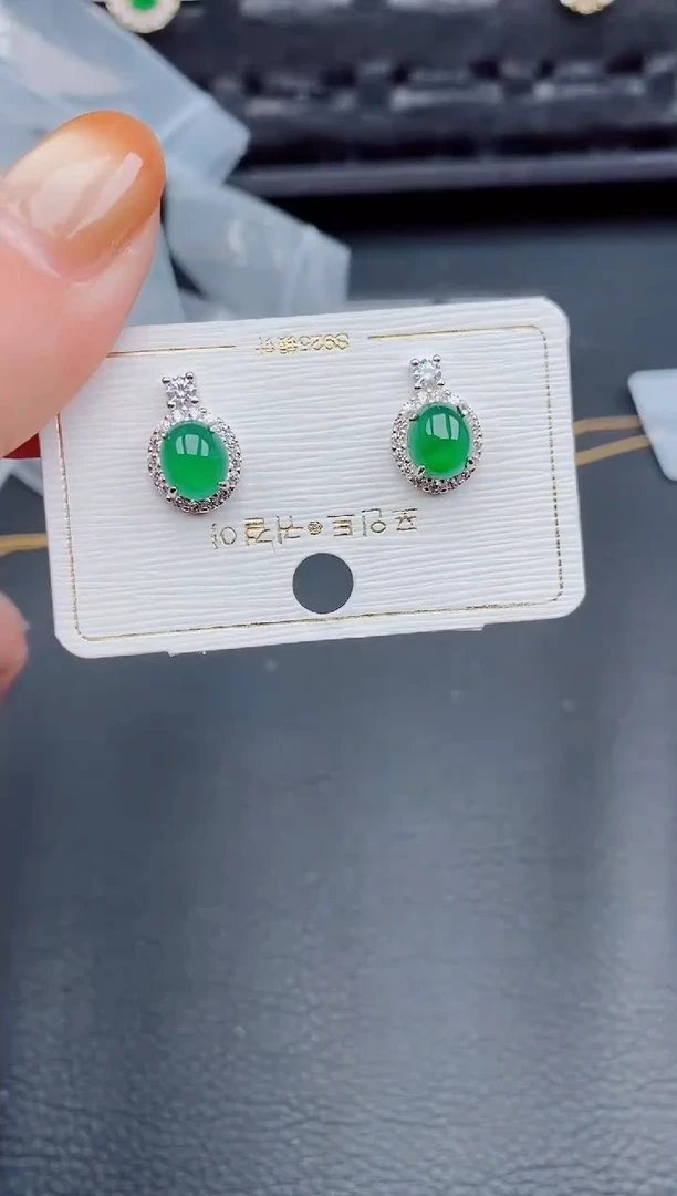 【闪购商品】翡翠耳饰银S925镶嵌天然a货翡翠455