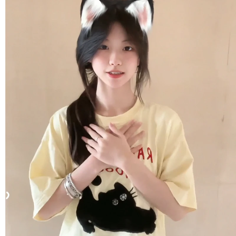 美式高街t恤女oversize夏季卡通印花潮牌百搭圆领短袖洋气上衣ins