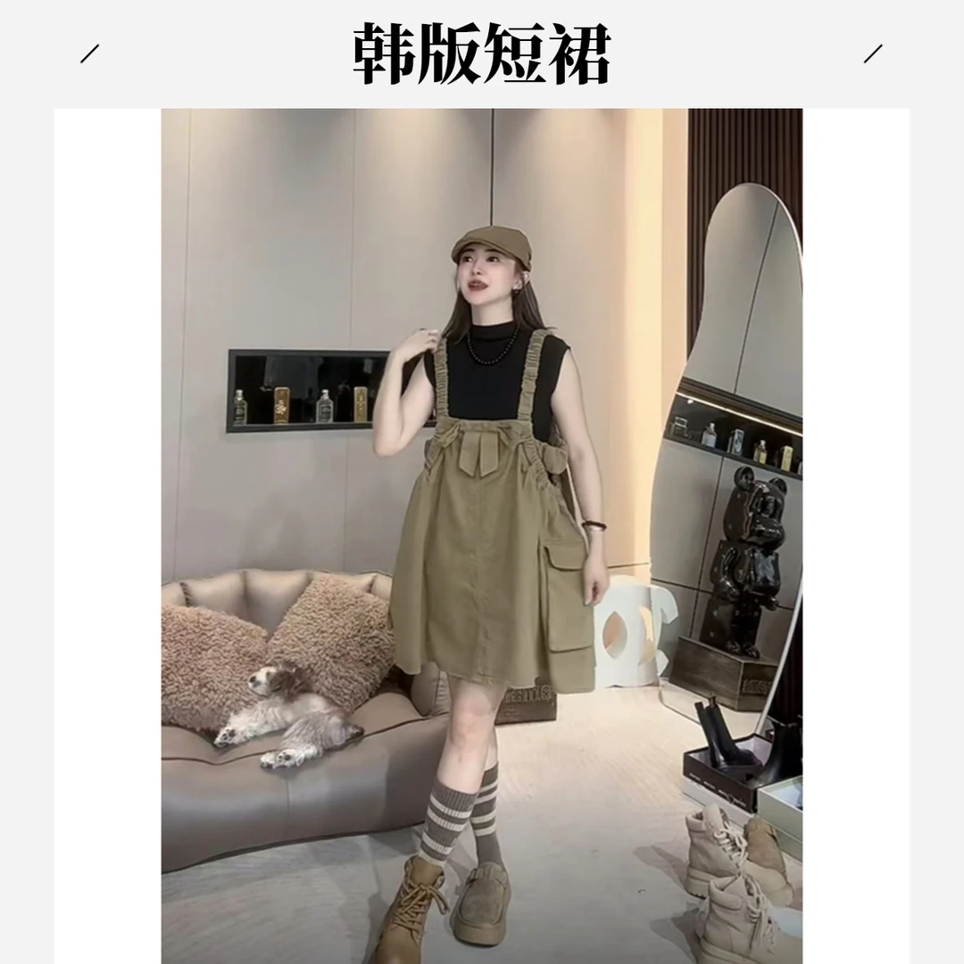 春秋韩版蝴蝶结背带连衣裙减龄百搭显瘦遮肉复古裙子气质小众宽松