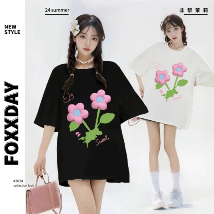 FOXXDAY小众潮牌【两朵小花】上衣纯棉夏季新款T恤宽松潮流男女短袖