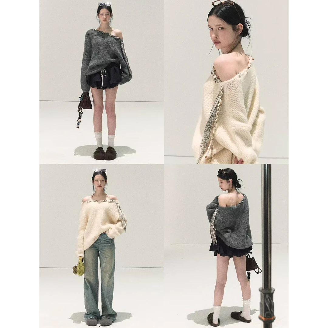 韩系设计感气质斜肩手工缠绕波西感丝巾毛衣C 5012#