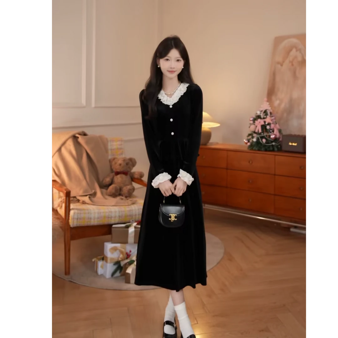 鹿向南「私有浪漫」法式赫本千金风设计感女冬季假两件丝绒连衣裙