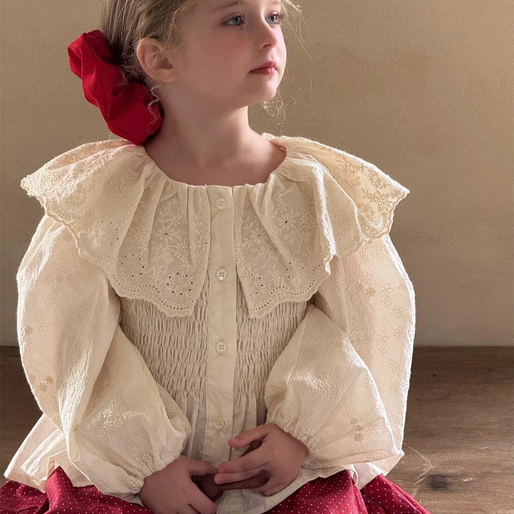 诺希家韩系童装女宝宝衬衫复古翻领纯色法式刺绣上衣