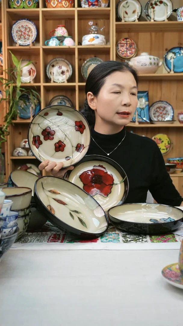 瓷片小可陶瓷高温釉下彩一组四个大深盘