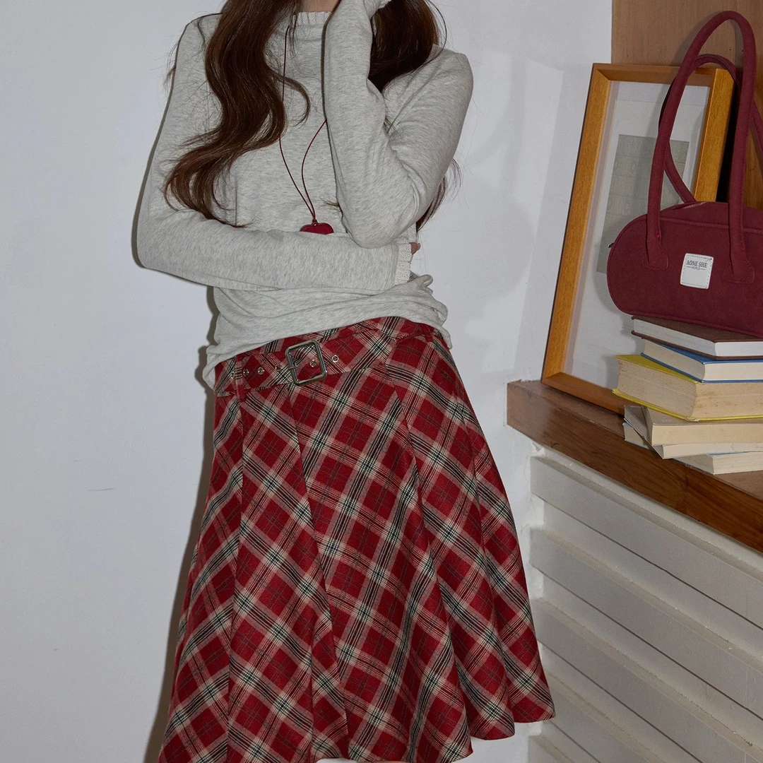 摩登女郎 复古格纹半身裙女2026春高腰休闲A字带腰带短裙#8514