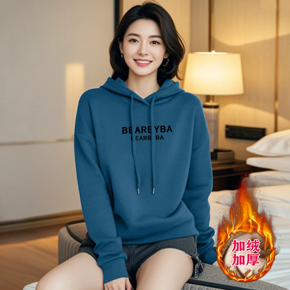 秋冬连帽新款卫衣女士加绒加厚时尚上衣洋气大码休闲宽松长袖外套