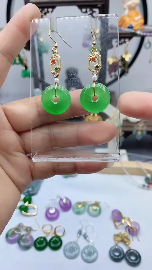 石英质玉（非洲翠）14K金镶嵌耳饰89