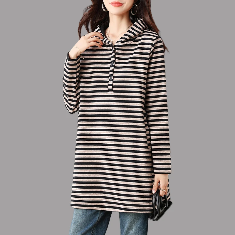 时尚条纹连帽卫衣女士2025秋冬新款中长款大码宽松遮肚子显瘦上衣