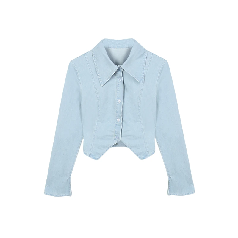 千寻女装铭顺- 「爱豆穿搭」蓝色翻领长袖牛仔衬衫百搭D3CS1825