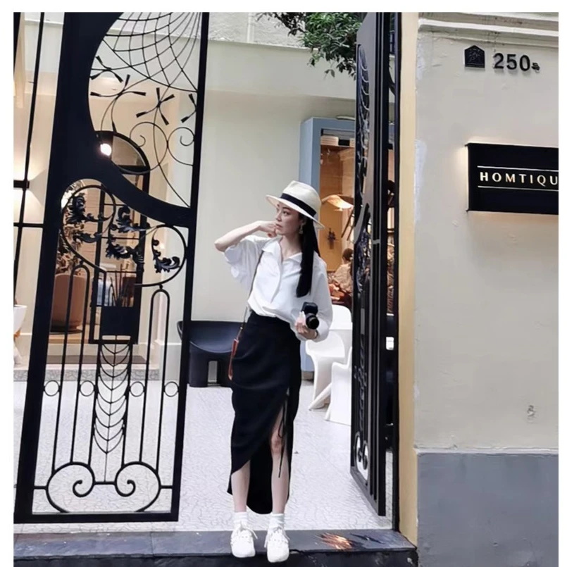 【靖雅专属】春夏大开叉抽绳黑色长裙洋气显瘦半身裙高腰时尚 148