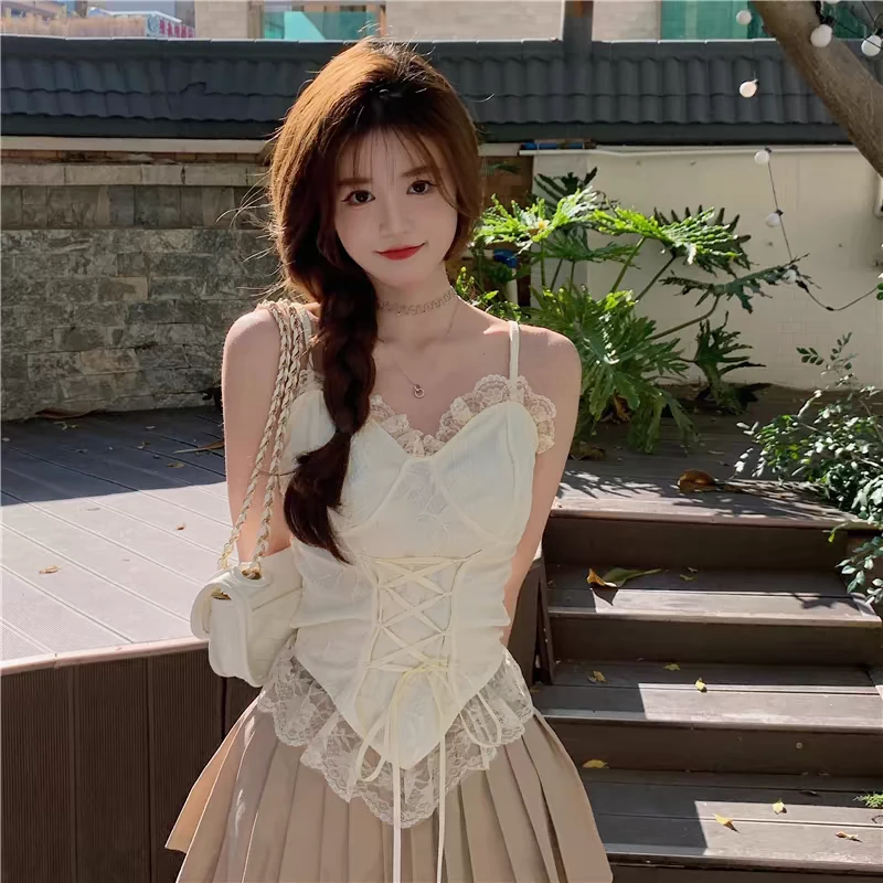 珊珊家大码性感辣妹鱼骨法式绝美蕾丝小吊带上衣