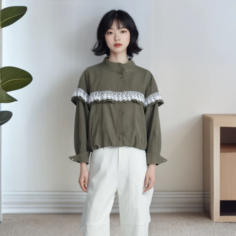 YZS005欧若风时尚夹克外套拼接蕾丝设计款高级百搭优雅蕾丝短外套