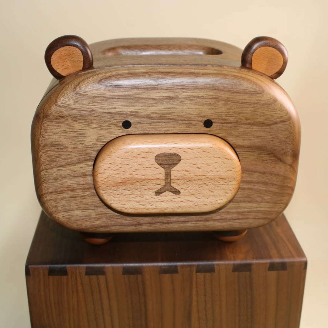 小熊牙签纸巾盒黑胡桃木可爱多功能牙签筒客厅摆件家用创意