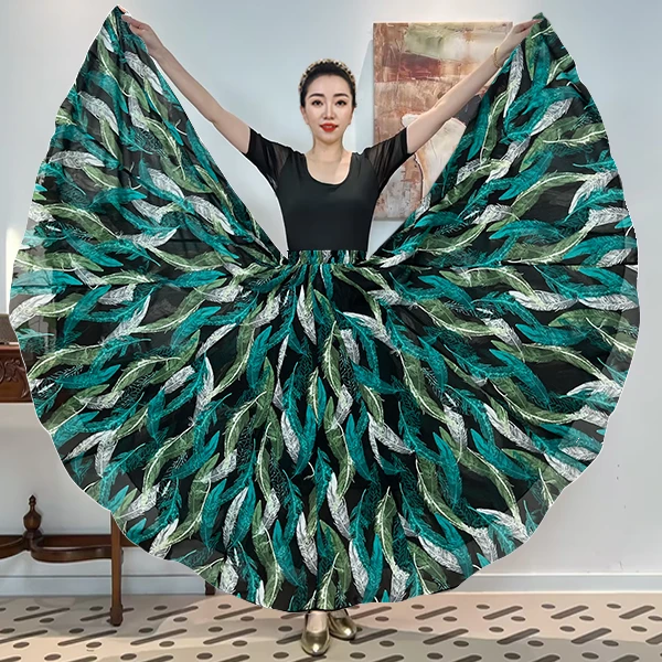 《薄荷之夜》人丝混麻印满铺花时尚百搭中长款半裙/720大摆带内衬