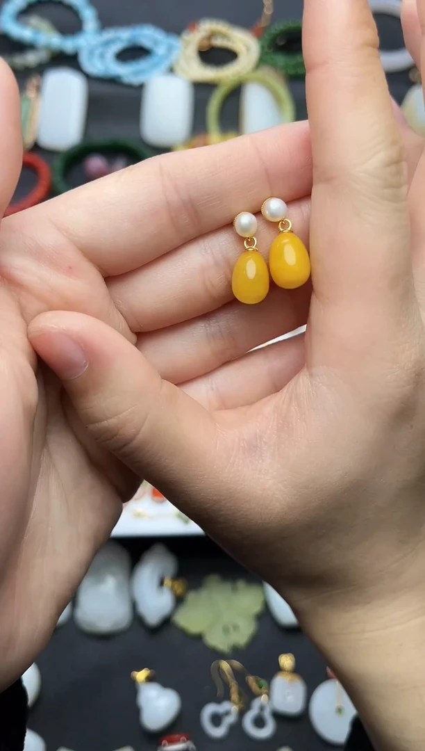 蜜蜡银S925镶嵌耳饰水滴耳坠06