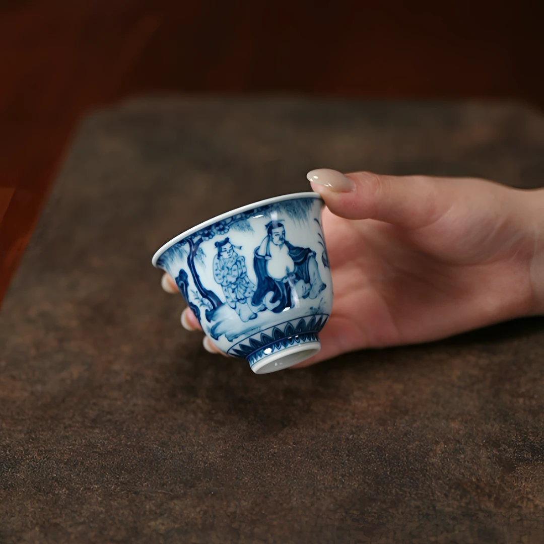 记石柴窑青花手绘四爱图主人杯陶渊明爱菊铃铛杯80ml