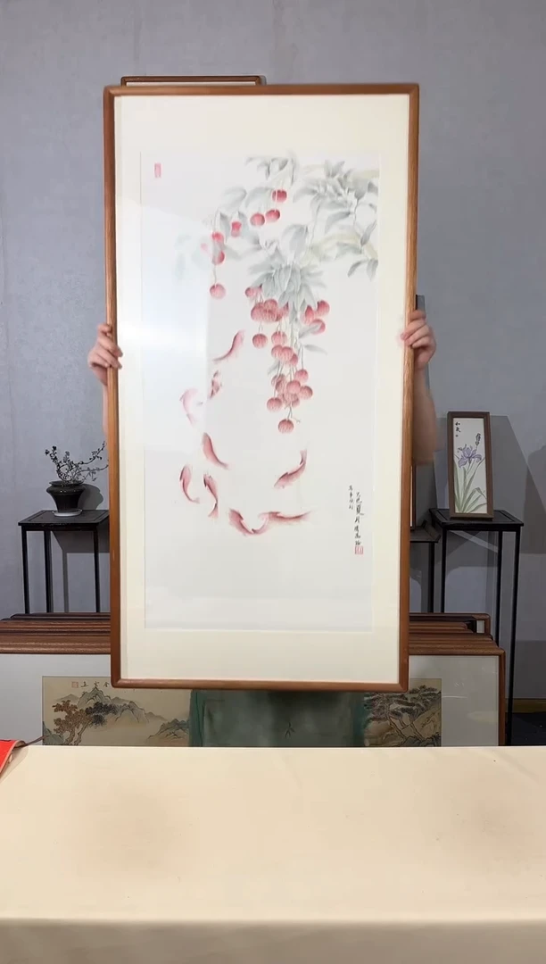 国画手绘*万事顺利（九鱼图）*62*122cm带框发货