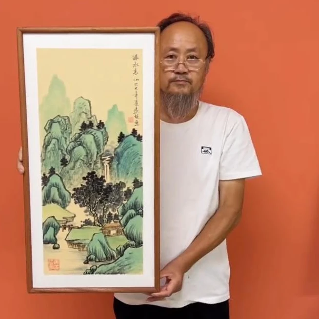 杨远现山水/青山绿水（乌檀木原木框）/古宣/36*69厘米左右