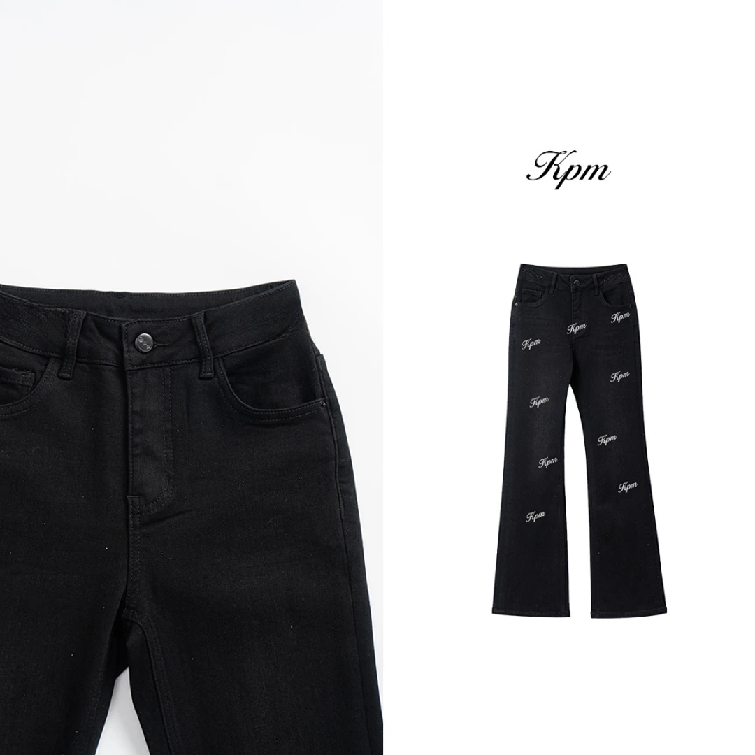 冬季新品气质时尚洋气烫钻满天星黑色牛仔裤百搭显瘦微喇裤JN8967