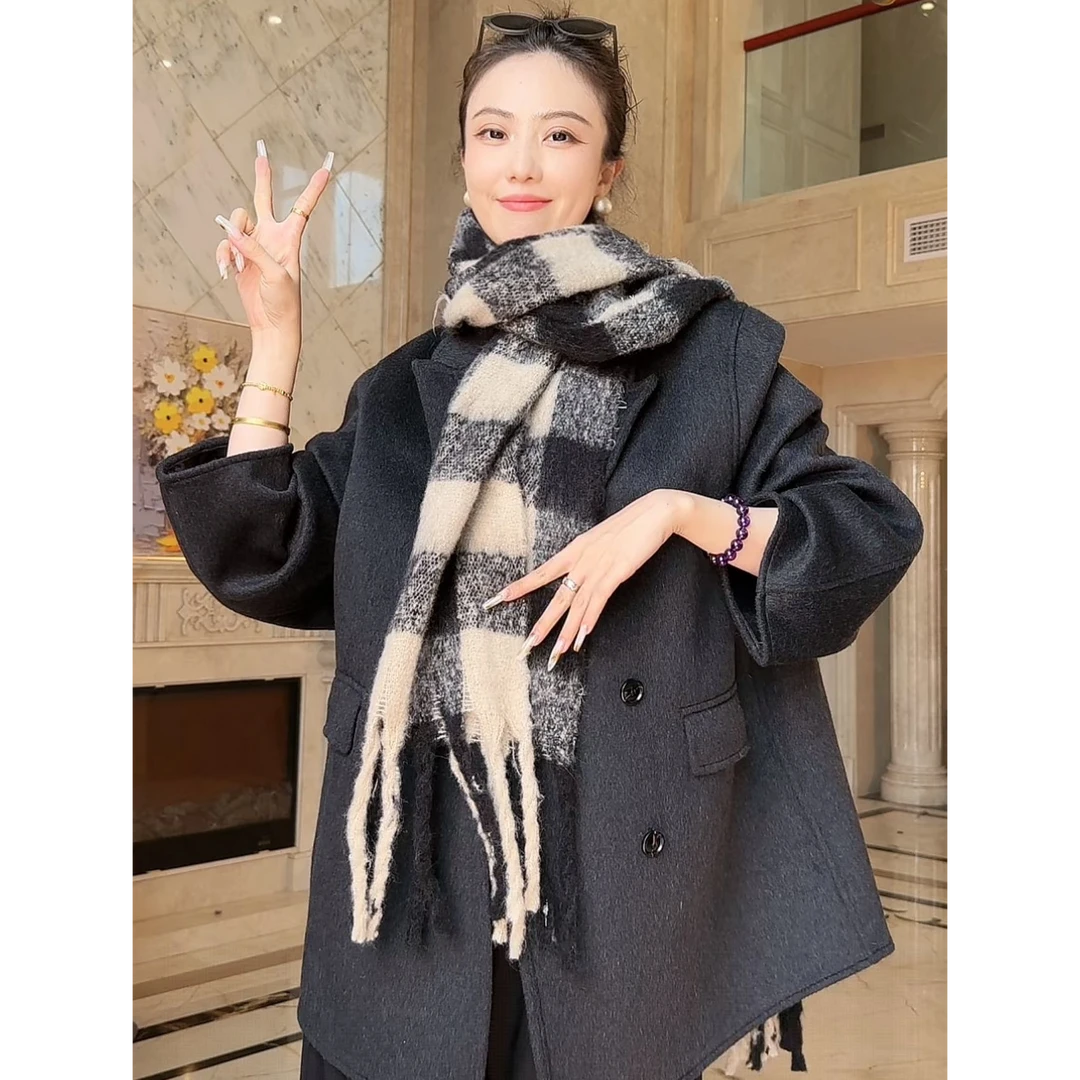 【韩版西装格子】张佳人外套秋冬双面呢百搭短款羊毛大衣女毛呢外套
