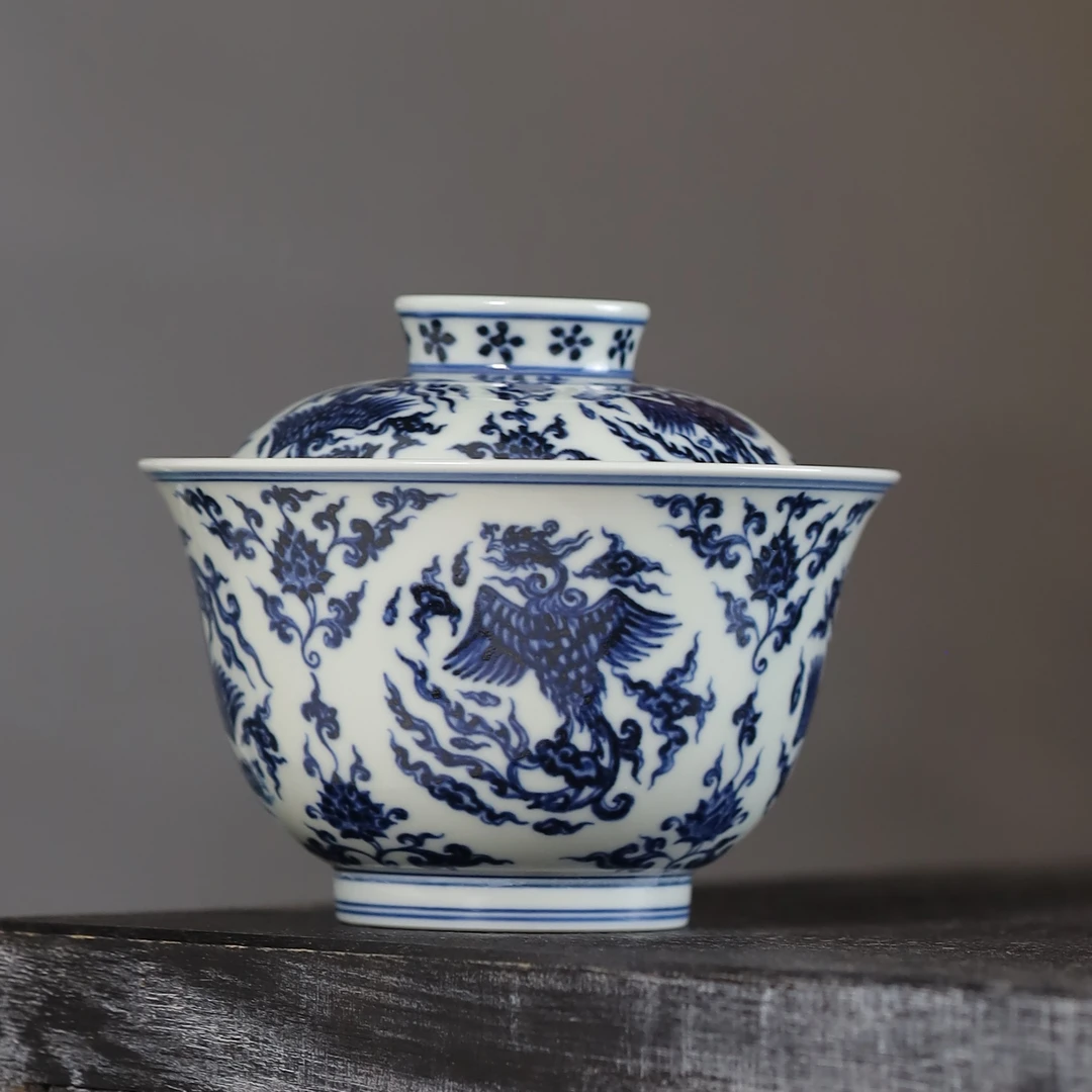 舜瓷天工一品舜瓷青花游龙戏凤盖碗顺丰包邮