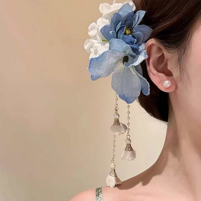 蓝调芳华 古风蓝色花朵流苏发夹女新中式旗袍侧边夹超仙度假发饰