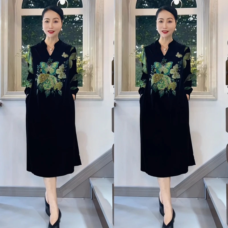 50090国风中式妈妈烫钻旗袍裙丝绒长裙秋季设计高品质大码打底裙