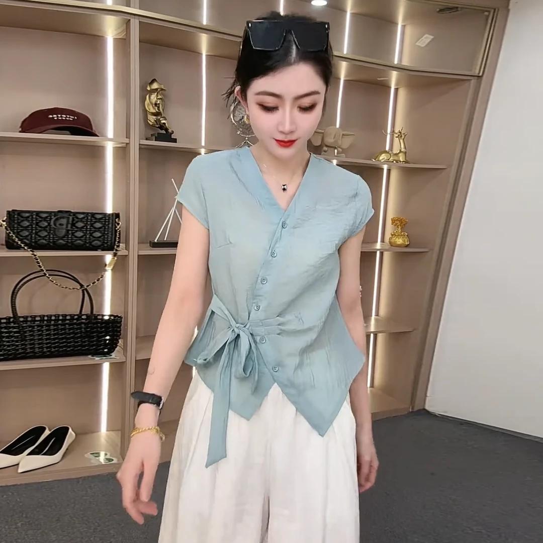 2025夏季新款时尚纯色短袖衬衫女洋气宽松显瘦系带收腰不规则上衣