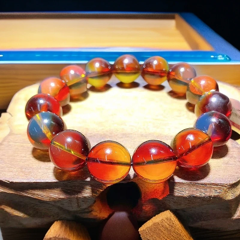 【云飞珠宝】天然墨西哥红蓝珀手串9mm女款时尚百搭女士情侣素圈