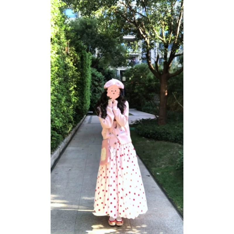 秋冬季流行穿搭韩系温柔毛衣女粉色慵懒开衫上衣+波点半身裙套装