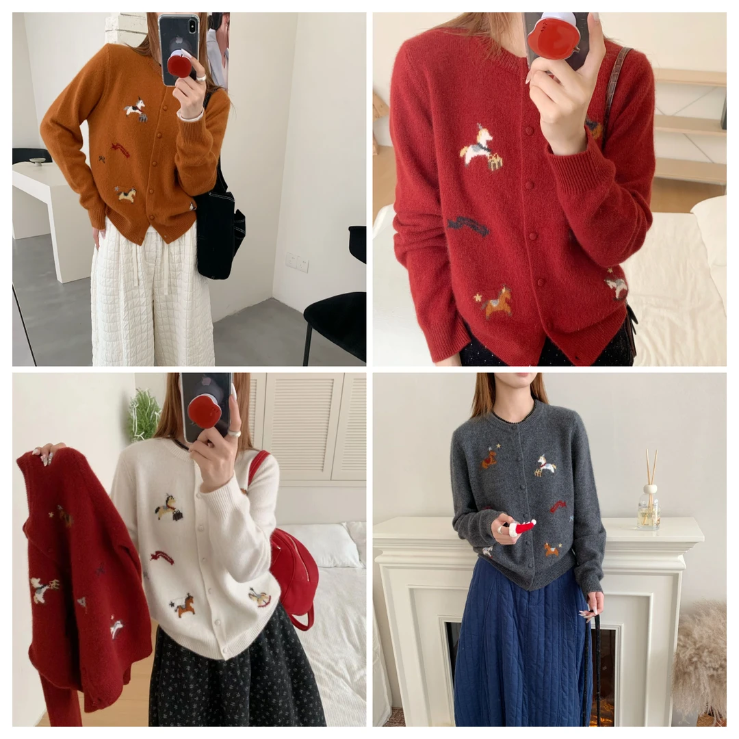【素简.520168】2025秋冬新款蜜熊绒羊毛刺绣马开衫女装上新羊毛衫