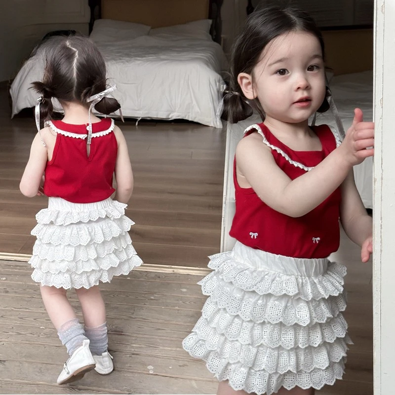 韩系童装2025新款时髦蝴蝶结无袖背心小女孩套装洋气夏季宝宝衣服