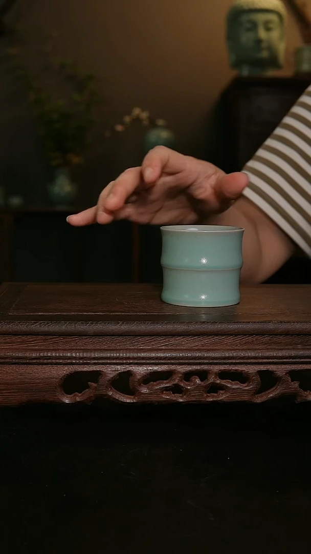 茶器仿古手工军绿竹节杯